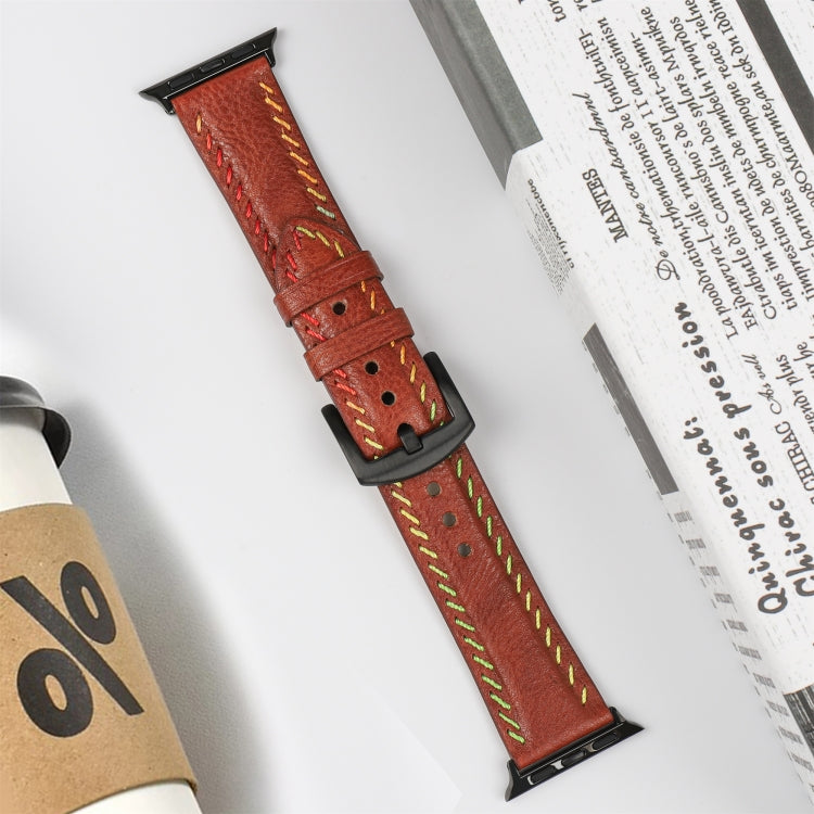 For Apple Watch Ultra 49mm Colorful Sewing Thread Leather Watch Band(Brown) - Watch Bands by PMC TechLife | Online Shopping South Africa | PMC TechLife | Buy Now Pay Later Mobicred