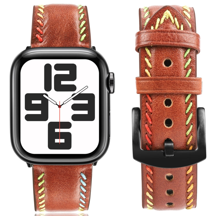 For Apple Watch Series 8 41mm Colorful Sewing Thread Leather Watch Band(Brown) - Watch Bands by PMC Jewellery | Online Shopping South Africa | PMC Jewellery