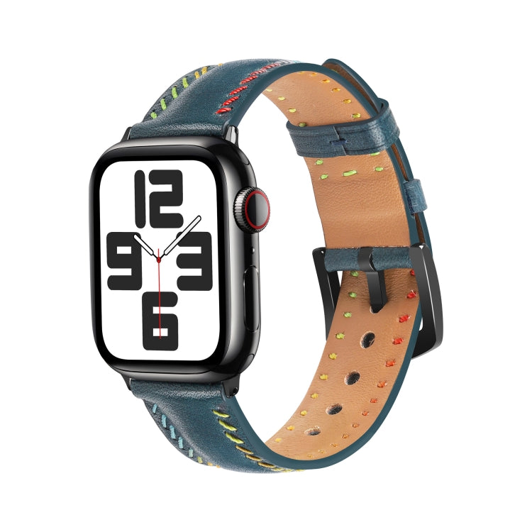 For Apple Watch SE 2022 44mm Colorful Sewing Thread Leather Watch Band(Blue) - Watch Bands by PMC TechLife | Online Shopping South Africa | PMC TechLife
