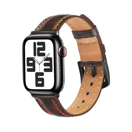 For Apple Watch Series 7 45mm Colorful Sewing Thread Leather Watch Band(Dark Brown) - Watch Bands by PMC Jewellery | Online Shopping South Africa | PMC Jewellery