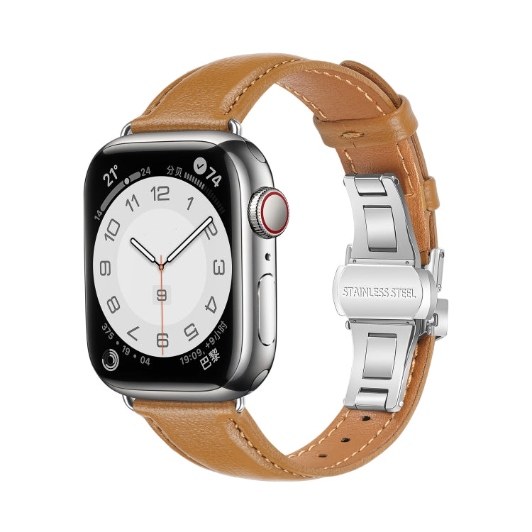 For Apple Watch Series 3 38mm Plain Leather Butterfly Buckle Watch Band(Brown+Silver) - free shipping - PMC TechLife - Order now!
