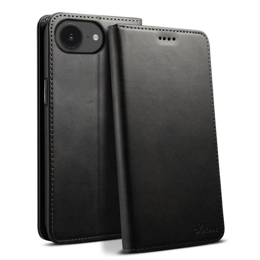 For iPhone 16e Suteni Calf Texture Horizontal Flip Leather Phone Case(Black) - iPhone 16e Cases by Suteni | Online Shopping South Africa | PMC Jewellery | Buy Now Pay Later Mobicred