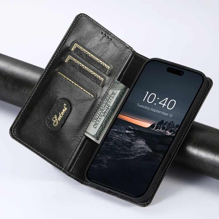 For iPhone 16 Suteni Baroque Calf Texture Buckle Wallet Leather Phone Case(Black) - iPhone 16 Cases by Suteni | Online Shopping South Africa | PMC Jewellery | Buy Now Pay Later Mobicred