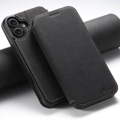 For iPhone 16 Plus Suteni J06 Retro Matte Litchi Texture Leather MagSafe Phone Case(Black) - iPhone 16 Plus Cases by Suteni | Online Shopping South Africa | PMC Jewellery | Buy Now Pay Later Mobicred