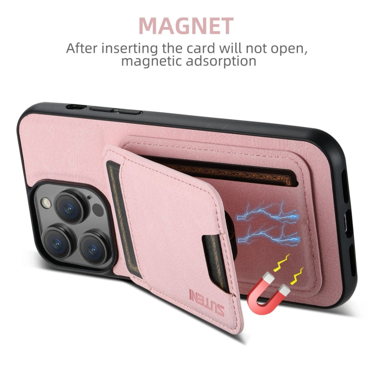 For iPhone 16 Suteni H02 Litchi Leather Card Wallet Stand Back Phone Case(Pink) - iPhone 16 Cases by Suteni | Online Shopping South Africa | PMC Jewellery | Buy Now Pay Later Mobicred