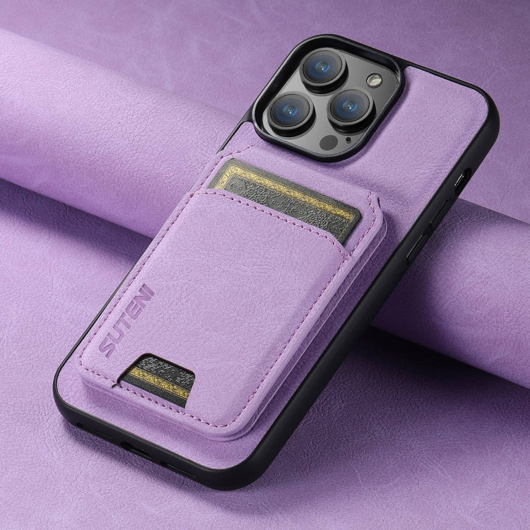 For iPhone 16 Pro Suteni H02 Litchi Leather Card Wallet Stand Back Phone Case(Purple) - iPhone 16 Pro Cases by Suteni | Online Shopping South Africa | PMC Jewellery | Buy Now Pay Later Mobicred