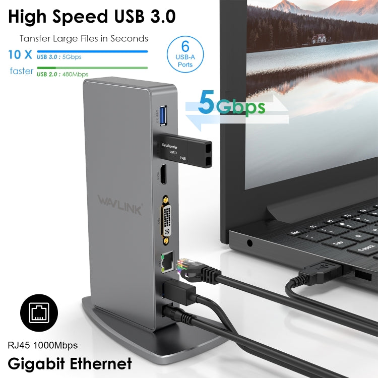 WAVLINK WL-UG39DK7 USB3.0 Hub Adapter Multi-Screen Graphics Card Universal Docking Station, Plug:EU Plug - USB HUB by WAVLINK | Online Shopping South Africa | PMC Jewellery | Buy Now Pay Later Mobicred