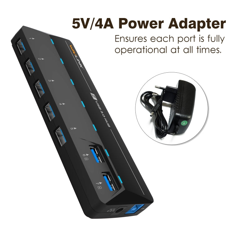 WAVLINK WL-UH3073D USB3.0 HUB Adapter 7-Port Docking Station with Individual Switch(UK Plug) - USB 3.0 HUB by WAVLINK | Online Shopping South Africa | PMC Jewellery | Buy Now Pay Later Mobicred