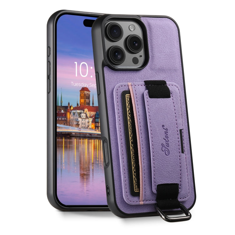 For iPhone 16 Pro Suteni H13 Litchi Leather Wrist Strap Wallet Back Phone Case(Purple) - iPhone 16 Pro Cases by Suteni | Online Shopping South Africa | PMC Jewellery | Buy Now Pay Later Mobicred