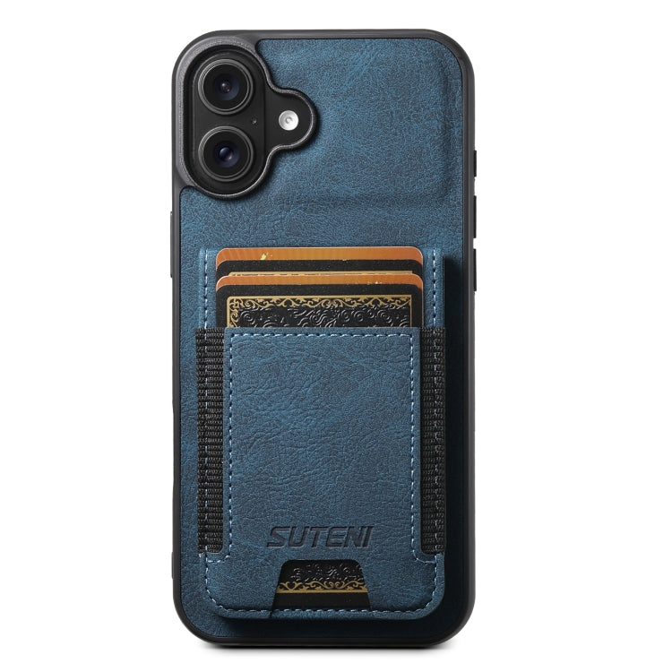 For iPhone 16 Suteni H03 Litchi Leather Card Bag Stand Back Phone Case(Blue) - iPhone 16 Cases by Suteni | Online Shopping South Africa | PMC Jewellery | Buy Now Pay Later Mobicred