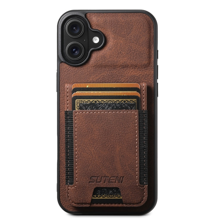 For iPhone 16 Plus Suteni H03 Litchi Leather Card Bag Stand Back Phone Case(Brown) - iPhone 16 Plus Cases by Suteni | Online Shopping South Africa | PMC Jewellery | Buy Now Pay Later Mobicred