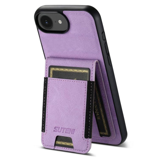 For iPhone 16e Suteni H03 Litchi Leather Card Bag Stand Back Phone Case(Purple) - iPhone 16e Cases by Suteni | Online Shopping South Africa | PMC Jewellery | Buy Now Pay Later Mobicred