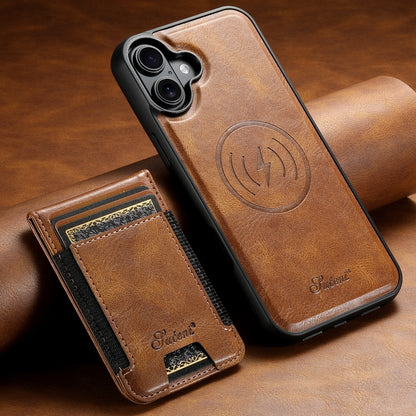 For iPhone 16 Plus Suteni H17 Oil Eax Leather MagSafe Detachable Wallet Phone Case(Brown) - iPhone 16 Plus Cases by Suteni | Online Shopping South Africa | PMC Jewellery | Buy Now Pay Later Mobicred