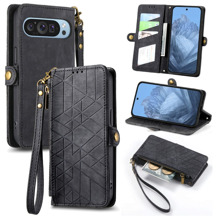 For Google Pixel 9 Geometric Zipper Wallet Side Buckle Leather Phone Case(Black) - Google Cases by PMC Jewellery | Online Shopping South Africa | PMC Jewellery | Buy Now Pay Later Mobicred