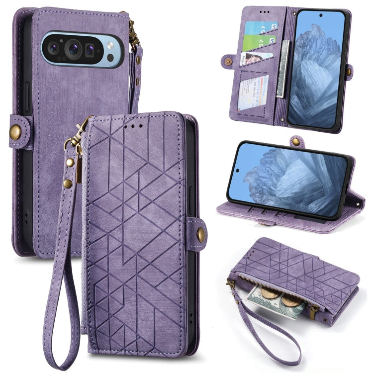 For Google Pixel 9 Geometric Zipper Wallet Side Buckle Leather Phone Case(Purple) - Google Cases by PMC Jewellery | Online Shopping South Africa | PMC Jewellery | Buy Now Pay Later Mobicred