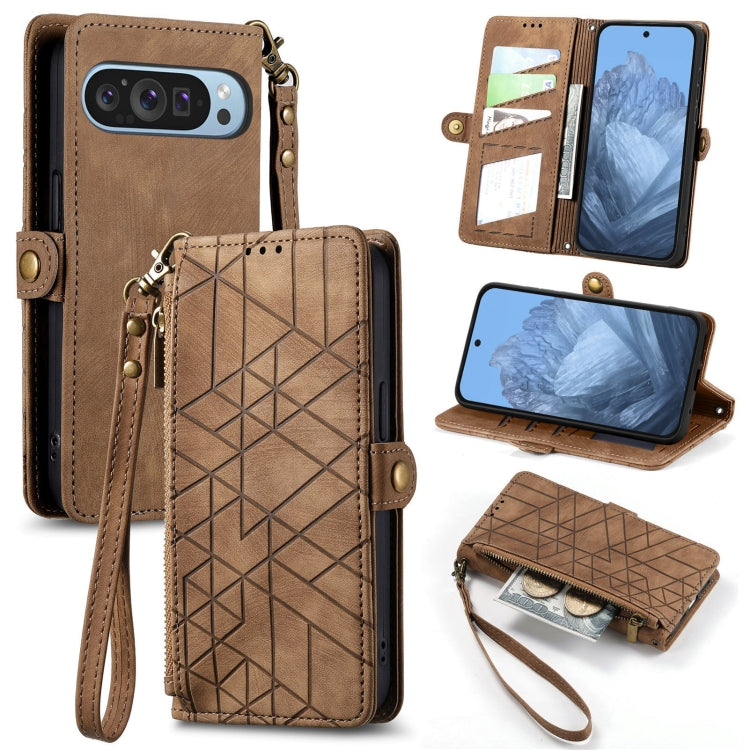 For Google Pixel 9 Geometric Zipper Wallet Side Buckle Leather Phone Case(Brown) - Google Cases by PMC Jewellery | Online Shopping South Africa | PMC Jewellery | Buy Now Pay Later Mobicred