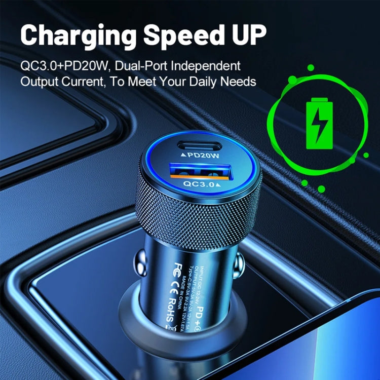 P19 Metal PD20W USB-C + QC18W USB Car Charger with USB-C to USB-C Date Cable for iPhone 15 series(Silver Gray) - Car Charger by PMC Jewellery | Online Shopping South Africa | PMC Jewellery | Buy Now Pay Later Mobicred