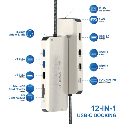 WAVLINK WL-UMD301 12 in 1 Multi-port Adapter 2*HDMI+1*VGA Triple Display USB-C Hub Dock - USB HUB by WAVLINK | Online Shopping South Africa | PMC Jewellery | Buy Now Pay Later Mobicred