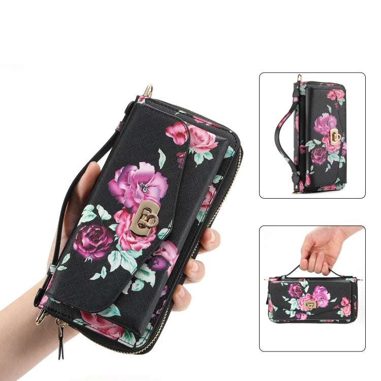 For Samsung Galaxy S24+ 5G Flower Multi-functional Crossbody Zipper Wallet Leather Phone Case(Black) - Galaxy S24+ 5G Cases by PMC Jewellery | Online Shopping South Africa | PMC Jewellery | Buy Now Pay Later Mobicred