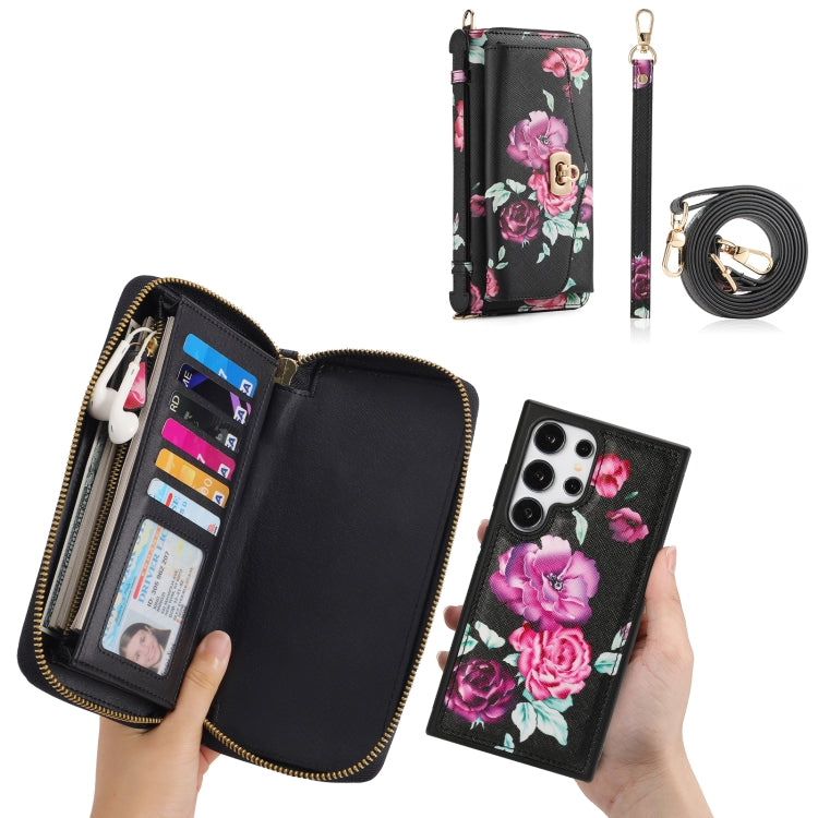 For Samsung Galaxy S24+ 5G Flower Multi-functional Crossbody Zipper Wallet Leather Phone Case(Black) - Galaxy S24+ 5G Cases by PMC Jewellery | Online Shopping South Africa | PMC Jewellery | Buy Now Pay Later Mobicred