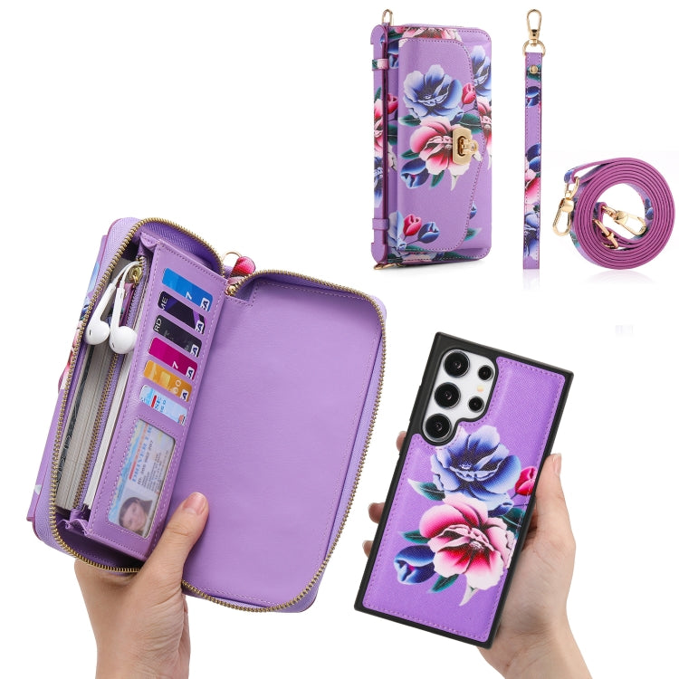 For Samsung Galaxy S24 Ultra 5G Flower Multi-functional Crossbody Zipper Wallet Leather Phone Case(Purple) - Galaxy S24 Ultra 5G Cases by PMC Jewellery | Online Shopping South Africa | PMC Jewellery | Buy Now Pay Later Mobicred