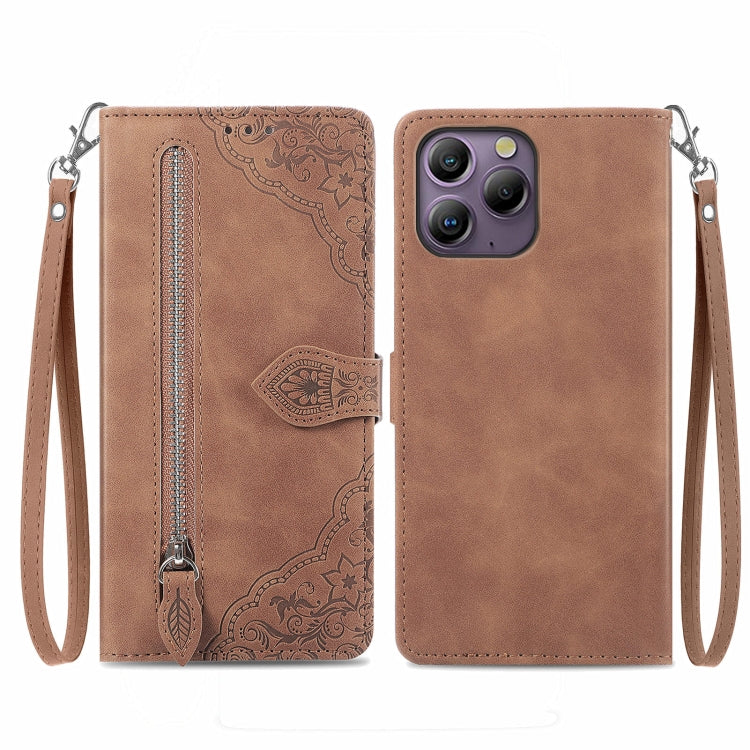 For Blackview A96 Embossed Flower Zipper Leather Phone Case(Brown) - More Brand by PMC Jewellery | Online Shopping South Africa | PMC Jewellery