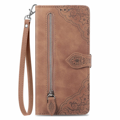 For Blackview A96 Embossed Flower Zipper Leather Phone Case(Brown) - More Brand by PMC Jewellery | Online Shopping South Africa | PMC Jewellery