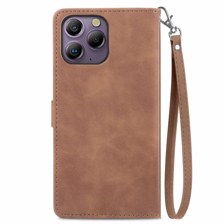 For Blackview A96 Embossed Flower Zipper Leather Phone Case(Brown) - More Brand by PMC Jewellery | Online Shopping South Africa | PMC Jewellery