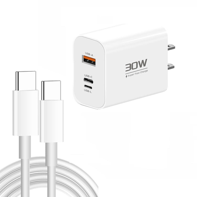 PD30W USB-C / Type-C + 8 Pin + USB Charger with Double Headed Type-C Data Cable(US Plug) - USB Charger by PMC Jewellery | Online Shopping South Africa | PMC Jewellery | Buy Now Pay Later Mobicred