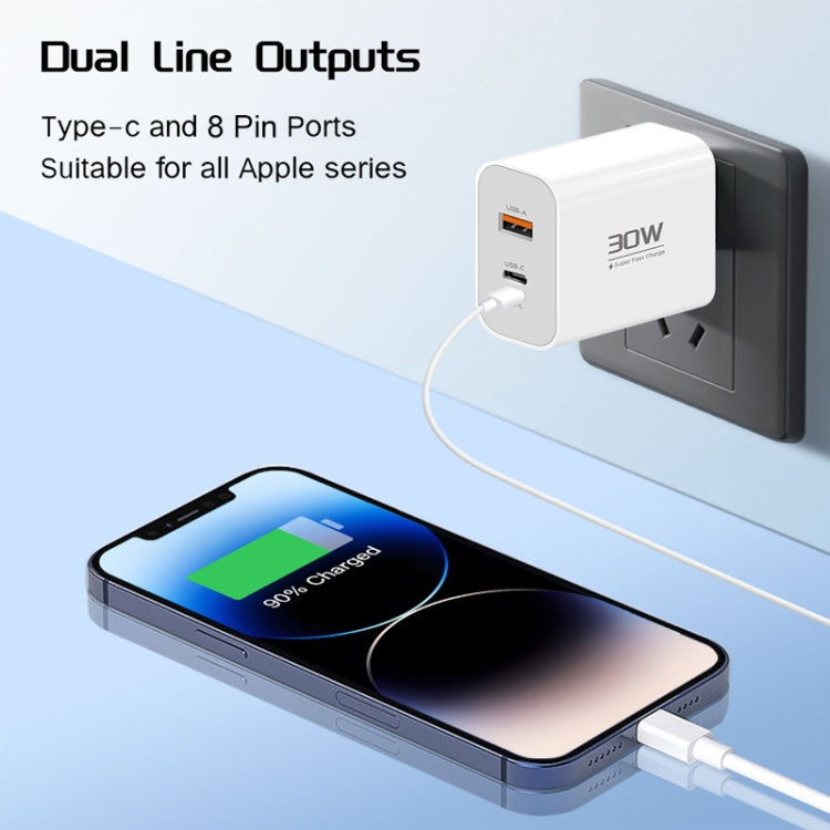 PD30W USB-C / Type-C + 8 Pin + USB Charger with Double Headed Type-C Data Cable(US Plug) - USB Charger by PMC Jewellery | Online Shopping South Africa | PMC Jewellery | Buy Now Pay Later Mobicred