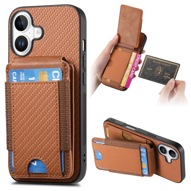 For iPhone 16 Carbon Fiber Vertical Flip Wallet Stand Phone Case(Brown) - iPhone 16 Cases by PMC Jewellery | Online Shopping South Africa | PMC Jewellery | Buy Now Pay Later Mobicred