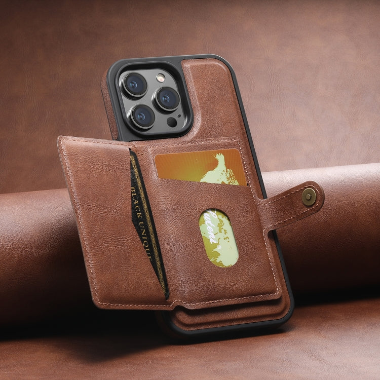 For iPhone 15 Pro Suteni M1 Oil Wax MagSafe Detachable Horizontal Card Bag Phone Case(Brown) - iPhone 15 Pro Cases by Suteni | Online Shopping South Africa | PMC Jewellery | Buy Now Pay Later Mobicred