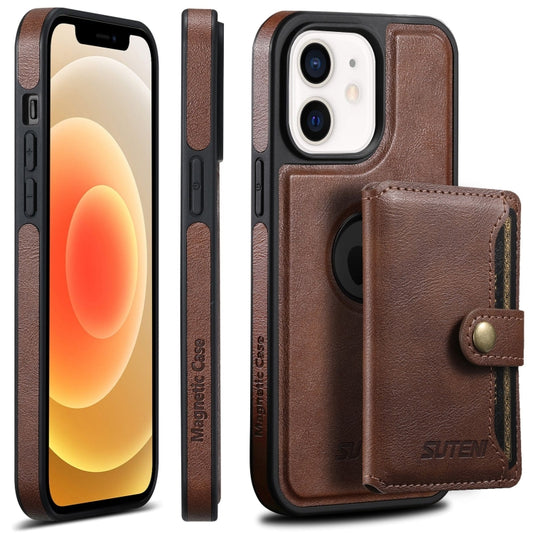 For iPhone 12  Suteni M1 Oil Wax MagSafe Detachable Horizontal Card Bag Phone Case(Brown) - iPhone 12 / 12 Pro Cases by Suteni | Online Shopping South Africa | PMC Jewellery | Buy Now Pay Later Mobicred