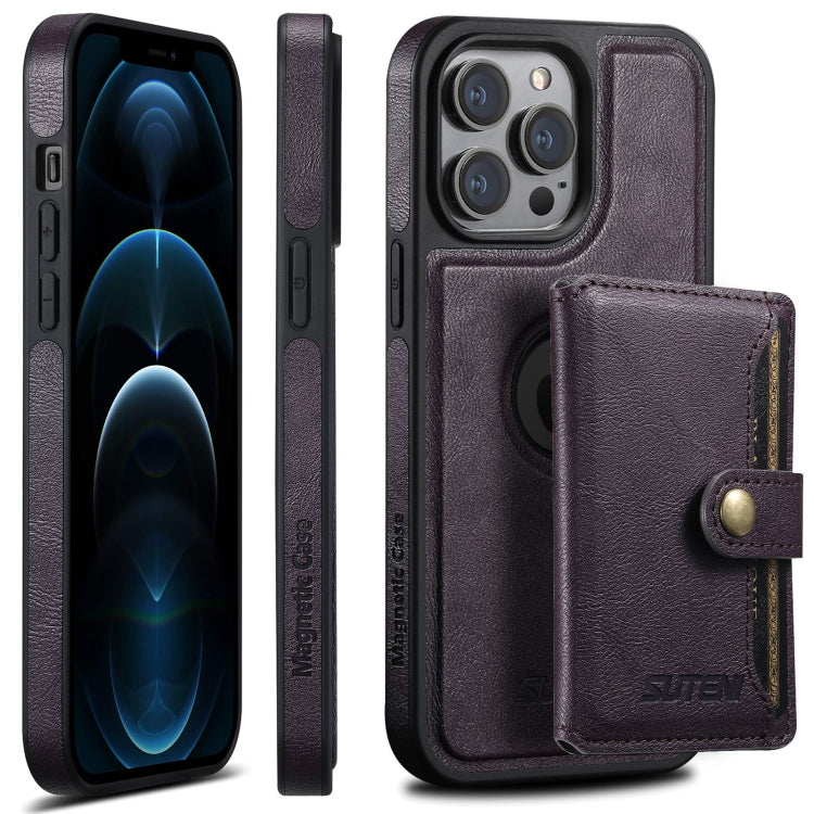 For iPhone 12 Pro Max Suteni M1 Oil Wax MagSafe Detachable Horizontal Card Bag Phone Case(Purple) - iPhone 12 Pro Max Cases by Suteni | Online Shopping South Africa | PMC Jewellery | Buy Now Pay Later Mobicred