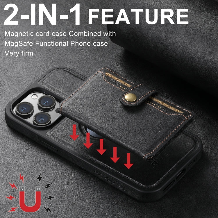 For iPhone 16 Suteni M1 Oil Wax MagSafe Detachable Horizontal Card Bag Phone Case(Black) - iPhone 16 Cases by Suteni | Online Shopping South Africa | PMC Jewellery | Buy Now Pay Later Mobicred