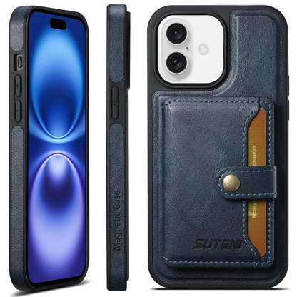 For iPhone 16 Suteni M1 Oil Wax MagSafe Detachable Horizontal Card Bag Phone Case(Blue) - iPhone 16 Cases by Suteni | Online Shopping South Africa | PMC Jewellery | Buy Now Pay Later Mobicred