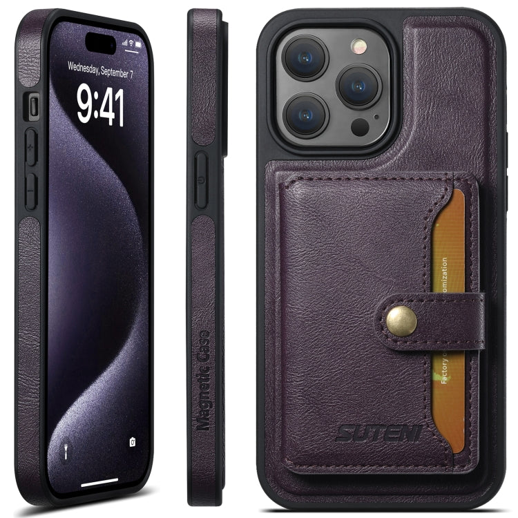 For iPhone 16 Pro Suteni M1 Oil Wax MagSafe Detachable Horizontal Card Bag Phone Case(Purple) - iPhone 16 Pro Cases by Suteni | Online Shopping South Africa | PMC Jewellery | Buy Now Pay Later Mobicred