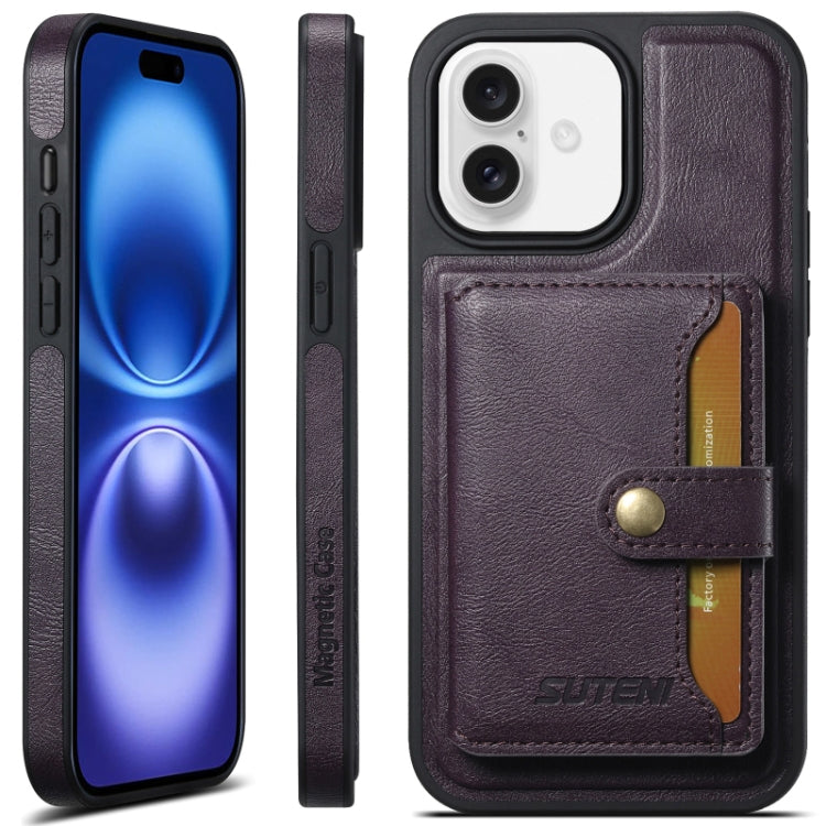 For iPhone 16 Plus Suteni M1 Oil Wax MagSafe Detachable Horizontal Card Bag Phone Case(Purple) - iPhone 16 Plus Cases by Suteni | Online Shopping South Africa | PMC Jewellery | Buy Now Pay Later Mobicred