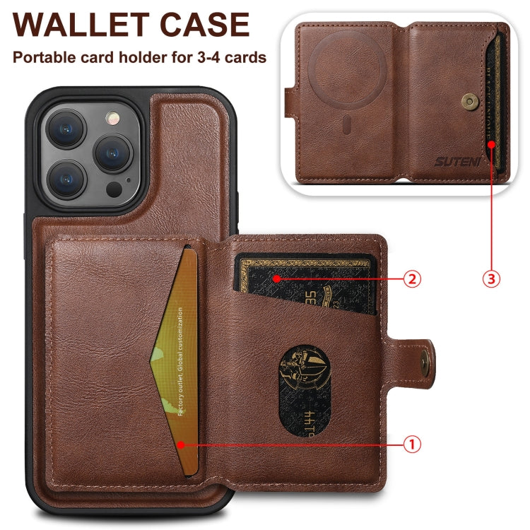 For iPhone 16 Suteni M1 Oil Wax MagSafe Detachable Horizontal Card Bag Phone Case(Brown) - iPhone 16 Cases by Suteni | Online Shopping South Africa | PMC Jewellery | Buy Now Pay Later Mobicred