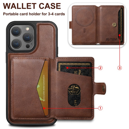 For iPhone 16 Suteni M1 Oil Wax MagSafe Detachable Horizontal Card Bag Phone Case(Brown) - iPhone 16 Cases by Suteni | Online Shopping South Africa | PMC Jewellery | Buy Now Pay Later Mobicred