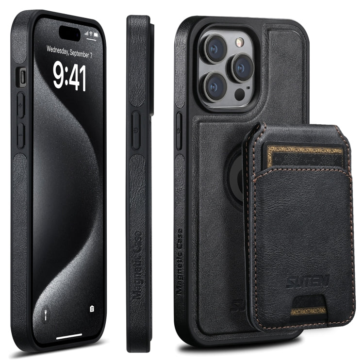 For iPhone 15 Pro Max Suteni M2 Oil Wax MagSafe Horizontal Card Bag Phone Case(Black) - iPhone 15 Pro Max Cases by Suteni | Online Shopping South Africa | PMC Jewellery | Buy Now Pay Later Mobicred