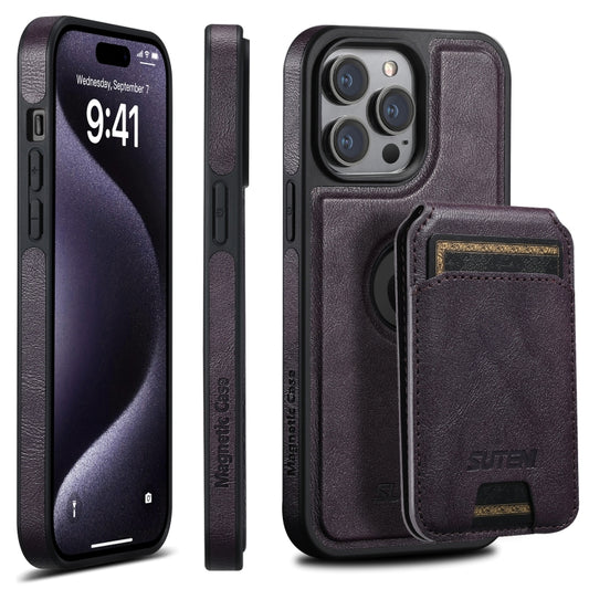 For iPhone 15 Pro Suteni M2 Oil Wax MagSafe Horizontal Card Bag Phone Case(Purple) - iPhone 15 Pro Cases by Suteni | Online Shopping South Africa | PMC Jewellery | Buy Now Pay Later Mobicred