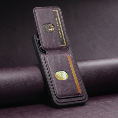 For iPhone 15 Plus Suteni M2 Oil Wax MagSafe Horizontal Card Bag Phone Case(Purple) - iPhone 15 Plus Cases by Suteni | Online Shopping South Africa | PMC Jewellery | Buy Now Pay Later Mobicred