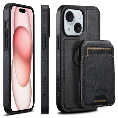 For iPhone 15 Suteni M2 Oil Wax MagSafe Horizontal Card Bag Phone Case(Black) - iPhone 15 Cases by Suteni | Online Shopping South Africa | PMC Jewellery | Buy Now Pay Later Mobicred