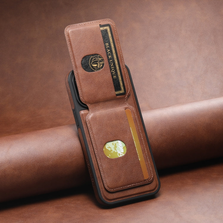 For iPhone 15 Suteni M2 Oil Wax MagSafe Horizontal Card Bag Phone Case(Brown) - iPhone 15 Cases by Suteni | Online Shopping South Africa | PMC Jewellery | Buy Now Pay Later Mobicred