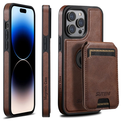 For iPhone 14 Pro Suteni M2 Oil Wax MagSafe Horizontal Card Bag Phone Case(Brown) - iPhone 14 Pro Cases by Suteni | Online Shopping South Africa | PMC Jewellery | Buy Now Pay Later Mobicred