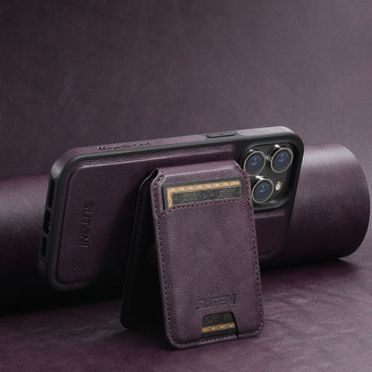 For iPhone 14 Pro Suteni M2 Oil Wax MagSafe Horizontal Card Bag Phone Case(Purple) - iPhone 14 Pro Cases by Suteni | Online Shopping South Africa | PMC Jewellery | Buy Now Pay Later Mobicred