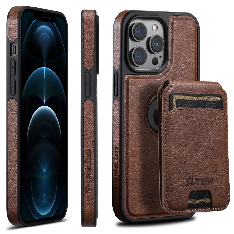 For iPhone 12 Pro Max Suteni M2 Oil Wax MagSafe Horizontal Card Bag Phone Case(Brown) - iPhone 12 Pro Max Cases by Suteni | Online Shopping South Africa | PMC Jewellery | Buy Now Pay Later Mobicred