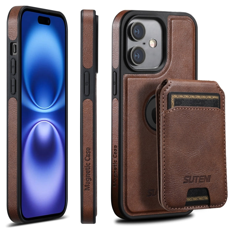 For iPhone 16 Suteni M2 Oil Wax MagSafe Horizontal Card Bag Phone Case(Brown) - iPhone 16 Cases by Suteni | Online Shopping South Africa | PMC Jewellery | Buy Now Pay Later Mobicred