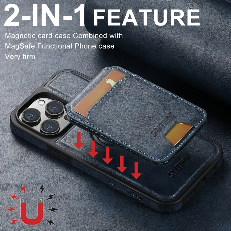 For iPhone 16 Suteni M2 Oil Wax MagSafe Horizontal Card Bag Phone Case(Blue) - iPhone 16 Cases by Suteni | Online Shopping South Africa | PMC Jewellery | Buy Now Pay Later Mobicred